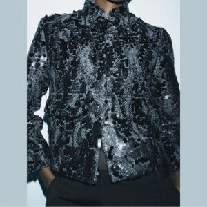 Zara Sequin Jacket Black ZW Collection Size Medium